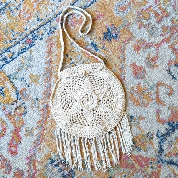 Hand Crafted Handbags - Handmade Bohemian Floral Woven Crochet Tassel Trim Circle Crossbody Bag Cream S